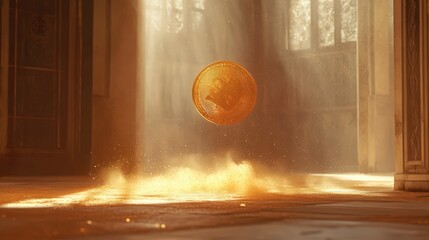 Poster - Golden Cryptocurrency Coin Falling Dust Sunlit Hall