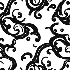 Abstract Swirling Black and White Pattern: This seamless pattern features a dynamic blend of swirling, abstract shapes in black against a white background.