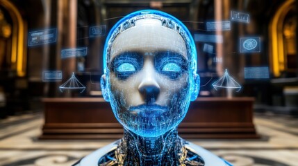 AI robot head with glowing digital data.
