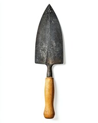 A rustic gardening trowel with a pointed metal blade and a wooden handle, perfect for digging and planting in soil.