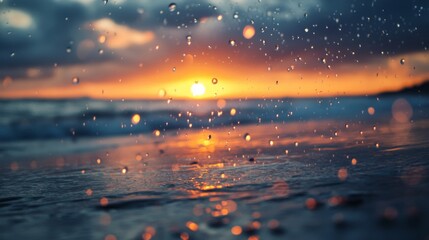Wall Mural - the sun is setting over the ocean. the water is wet and there are raindrops on the surface