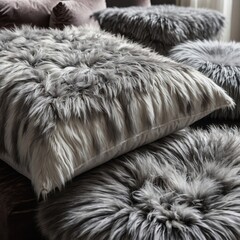 faux fur cushions in white and gray placed on a chic velvet pouf.