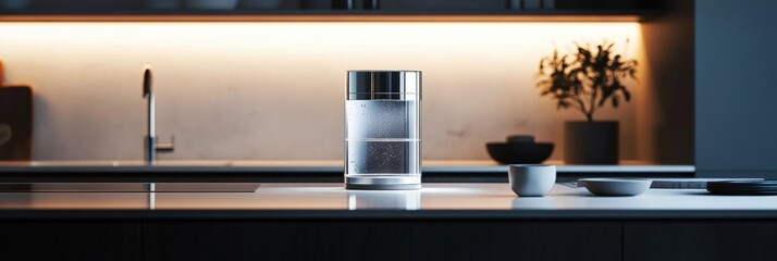 Aufkleber - Modern kitchen features water filter on countertop with elegant design and soft lighting in evening ambiance. Generative AI