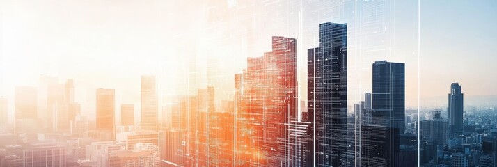 Leinwandbilder - Cityscape illuminated by digital neural network illustrating artificial intelligence integration in urban environments. Generative AI
