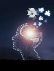 Wall Mural - glowing silhouette of human head with brain puzzle pieces floating away