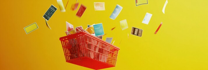 Poster - Floating red shopping basket with colorful cards dropping from above against a bright yellow background. Generative AI