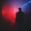 © Monty - Mysterious Figure Walking Through Vibrant Fog With Colored Lights in an Industrial Setting at Night