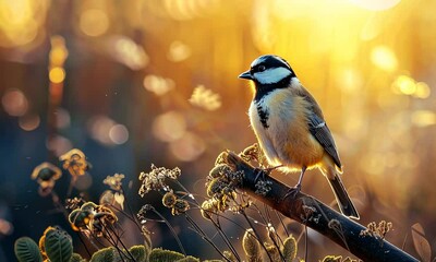 Wall Mural - small bird perched on branch during golden hour