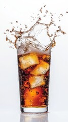 Wall Mural - A tall glass filled with a fizzy, brown drink with ice cubes floating in it. The ice cubes are melting