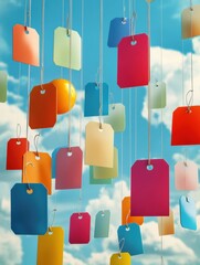 Poster - Colorful hanging tags against a clear blue sky with white clouds create a vibrant and lively atmosphere. Generative AI