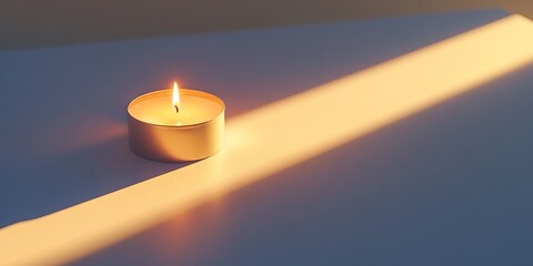 Wall Mural - A candle is lit on a table. The candle is in a small holder and is lit. The light from the candle is shining on the table