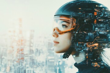Aufkleber - Profile of a person in a safety helmet and goggles against an abstract city background showcasing modernity and innovation. Generative AI