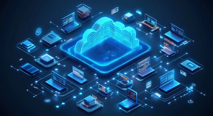 Digital Cloud Network With Multiple Devices Displaying Interconnected Data and Technology Concepts in a Modern Virtual Environment