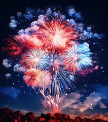 Wall Mural - Vibrant fireworks display exploding in the night sky above a rocky landscape.