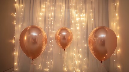 Wall Mural - Elegant Happy New Year party indoors with rose gold balloons, soft draped curtains and twinkling fairy lights casting a warm glow on the festivities