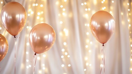 Wall Mural - Elegant Happy New Year party indoors with rose gold balloons, soft draped curtains and twinkling fairy lights casting a warm glow on the festivities