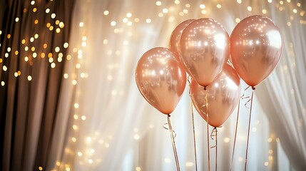 Wall Mural - Elegant Happy New Year party indoors with rose gold balloons, soft draped curtains and twinkling fairy lights casting a warm glow on the festivities
