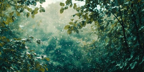 Wall Mural - a snowy forest with trees covered in snow. the snow is falling from the trees and the sky is cloudy