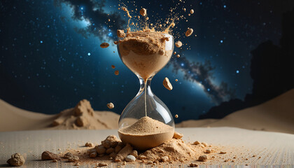 Wall Mural - Dynamic hourglass with sand explosion, cosmic background, desert scenery, time concept