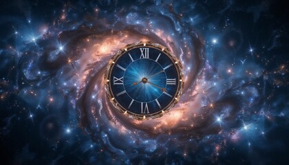 Wall Mural - Cosmic clock in the galaxy, space-themed design, blue and gold colors, time concept