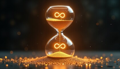 Wall Mural - Illuminated hourglass with infinity symbol, glowing sand, time and eternity concept