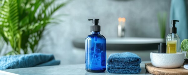 Wall Mural - Blue spa cosmetic bottle on bathroom counter