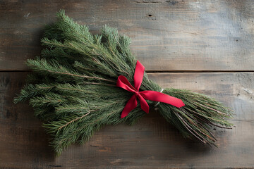 Christmas tree branches with red ribbon on an old wooden table, Christmas background.