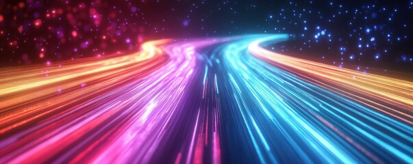 High-speed internet connection and telecommunications network concept with glowing data streams connecting global devices and technologies, illustrating modern digital communication and connectivity.