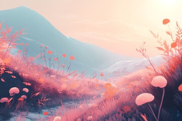 Wall Mural - A field of flowers with a mountain in the background. The flowers are pink and the sky is blue