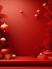 Wall Mural - Red festive background with ornaments, gifts, and plants; blank space for text or product placement.