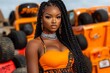 © PaulShlykov - Model poses confidently in vibrant orange outfit against industrial backdrop with large tires