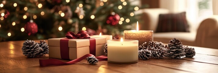 Aufkleber - Gift boxes adorned with ribbons and candles create a cozy atmosphere for holiday celebrations in a warmly lit living room. Generative AI