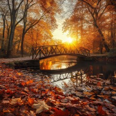 Wall Mural - Autumn Sunset Casts Golden Glow Over Wooden Bridge Reflecting in Tranquil River Surrounded by Vibrant Fall Foliage