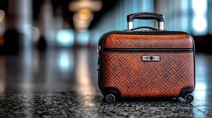 A brown suitcase sitting on top of a tiled floor