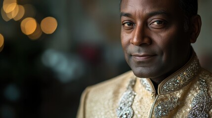 Elegant Indian Groom Portrait Festive Attire, Warm Lighting, CloseUp