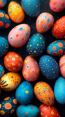 A bunch of painted eggs in various colors. Some are blue, some are pink, and some are yellow