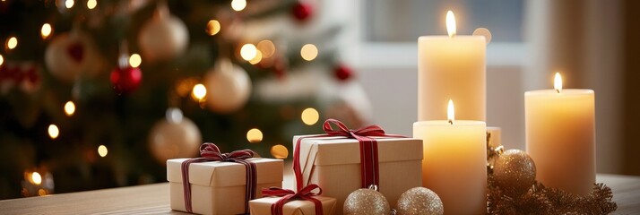 Aufkleber - Beautifully arranged gift boxes and candles near a decorated Christmas tree in a cozy setting. Generative AI