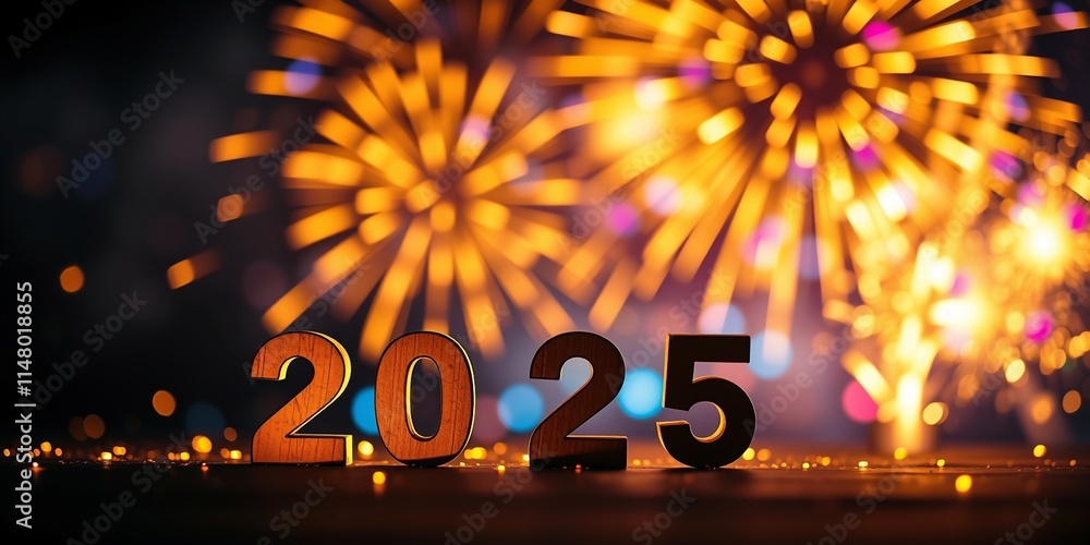 2025 New Year Celebration - Wooden Number Blocks And Golden Fireworks ...