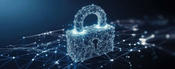 Dark blue background with a small padlock with binary polygon interconnects representing cybersecurity and digital data protection