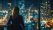 © Ace64 Studio - Successful Businesswoman in Stylish Suit Working on Top Floor Office Overlooking Night City.