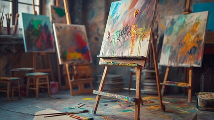 Artistic studio space with easels, paintbrushes, and colorful canvases, inspiring creativity