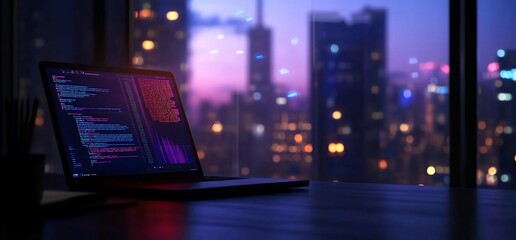 Laptop with code on screen at night, city view.