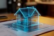 © Ace64 Studio - a concept holo 3d render model of a small living house on a table in a real estate agency. signing mortgage contract document and demonstrating. futuristic business. blurry background.