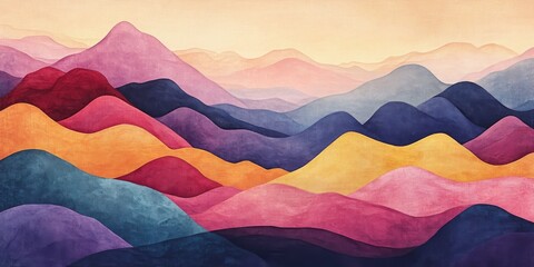 Poster - A painting of mountains with a blue and yellow hill. The mountains are purple and pink