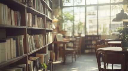 Aufkleber - Library filled with books, tables, chairs, and bright natural light.