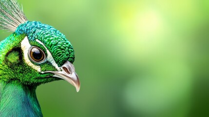 Wall Mural -  A close up of a peacock's head with a green background