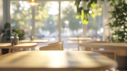 Poster - Blurred sunlit cafe with wooden tables and plants near windows.