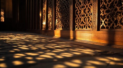 Poster - Sunlight patterns through ornate wood screen casting shadows.