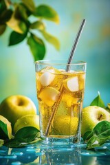 Poster - Apple juice with ice, metal straw, and green apples.
