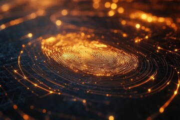 Fototapete - Digital fingerprint graphic with glowing lines and intricate patterns in dark background and ample copy space. Generative AI